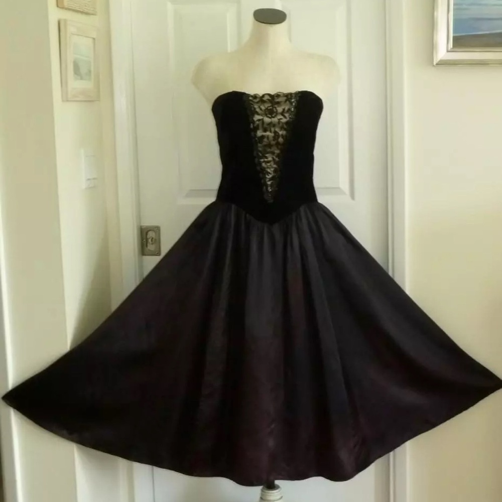 Vintage Gunne Sax Jessica McClintock Strapless Lined Tulle Velvet Sequin Dress - Picture 2 of 16